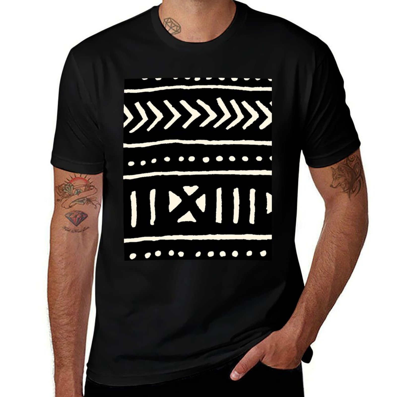 Mudcloth Print Top - Afrikaanse modderdoek zwart-wit T-shirt Anti-fade casual